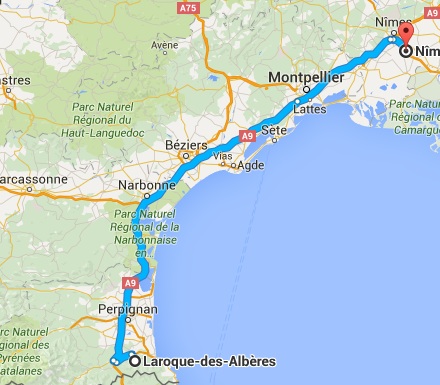 Route from Nimes airport to Laroque des Alberes